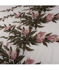 Tul bordado flores rosa