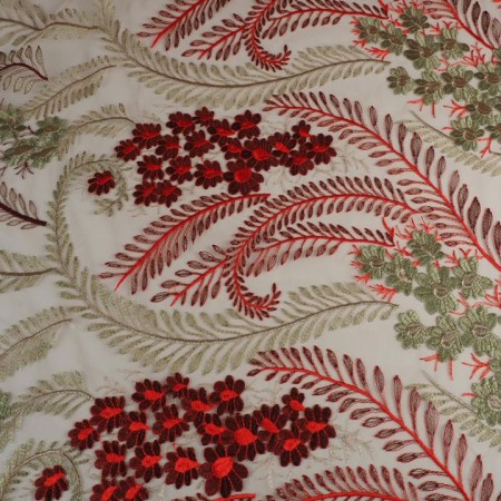 Tul bordado beige y coral