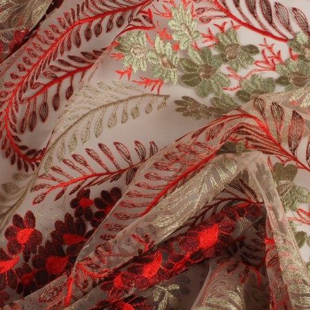 Tul bordado beige y coral