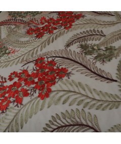 Tul bordado beige y coral