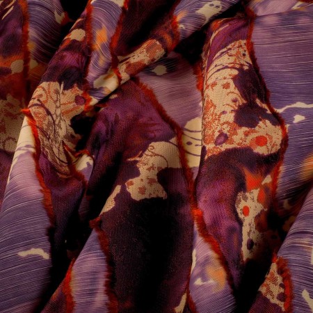 Jacquard Abstracto Fil Coupé Granate-Naranjas– Tejido Premium para Moda y Decoración