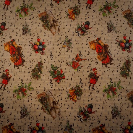 Loneta Navideña Vintage con Notas Musicales y Motivos Clásicos