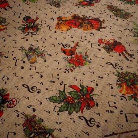 Loneta Navideña Vintage con Notas Musicales y Motivos Clásicos