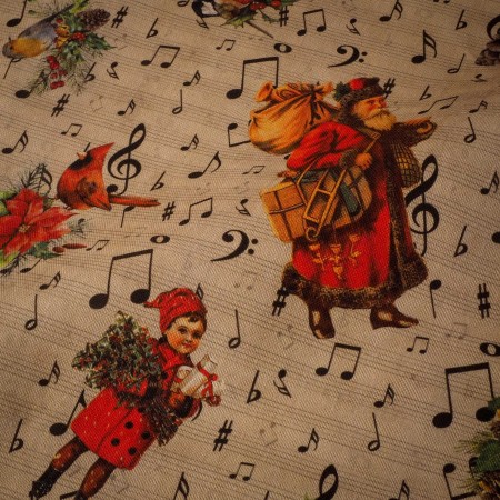 Loneta Navideña Vintage con Notas Musicales y Motivos Clásicos