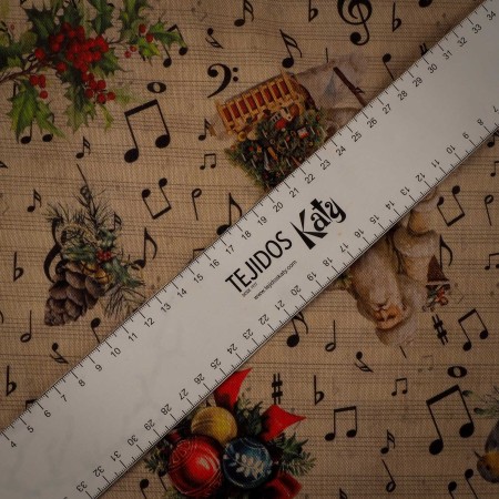 Loneta Navideña Vintage con Notas Musicales y Motivos Clásicos