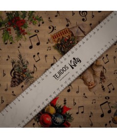 Loneta Navideña Vintage con Notas Musicales y Motivos Clásicos