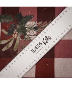 Loneta Navideña Cuadro Granate con Motivos Naturales