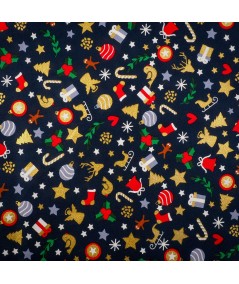 Popelín navideño azul marino con detalles dorados – Tela de algodón con estampado de trineos, renos y árboles