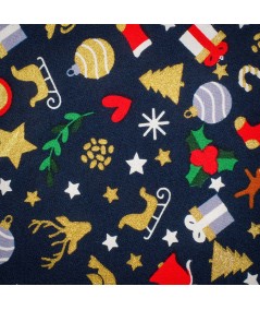 Popelín navideño azul marino con detalles dorados – Tela de algodón con estampado de trineos, renos y árboles