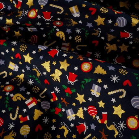 Popelín navideño azul marino con detalles dorados – Tela de algodón con estampado de trineos, renos y árboles