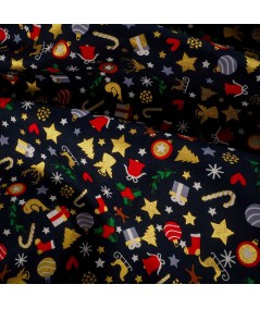 Popelín navideño azul marino con detalles dorados – Tela de algodón con estampado de trineos, renos y árboles