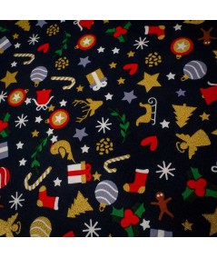 Popelín navideño azul marino con detalles dorados – Tela de algodón con estampado de trineos, renos y árboles