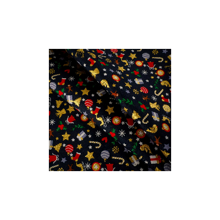 Popelín navideño azul marino con detalles dorados – Tela de algodón con estampado de trineos, renos y árboles