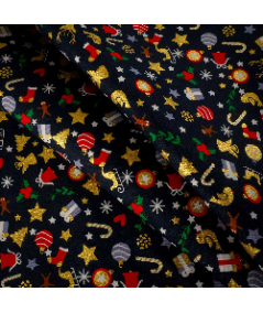 Popelín navideño azul marino con detalles dorados – Tela de algodón con estampado de trineos, renos y árboles