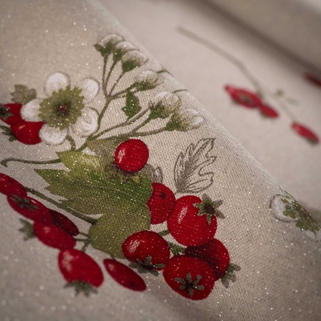 Mantelería Navidad Fondo Blanco con Lurex Plateado y Grosellas