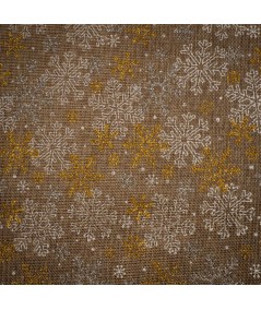 Tejido de Arpillera Navideña con Copos de Nieve Plateados y Dorados