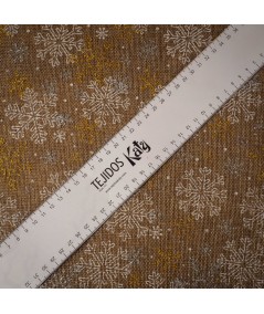 Tejido de Arpillera Navideña con Copos de Nieve Plateados y Dorados