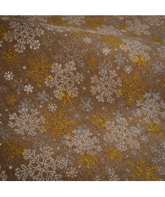 Tejido de Arpillera Navideña con Copos de Nieve Plateados y Dorados