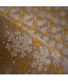 Tejido de Arpillera Navideña con Copos de Nieve Plateados y Dorados