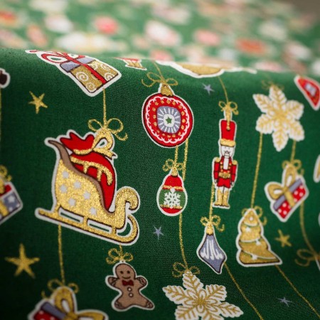 Popelín navideño verde con papanoel y sus renos